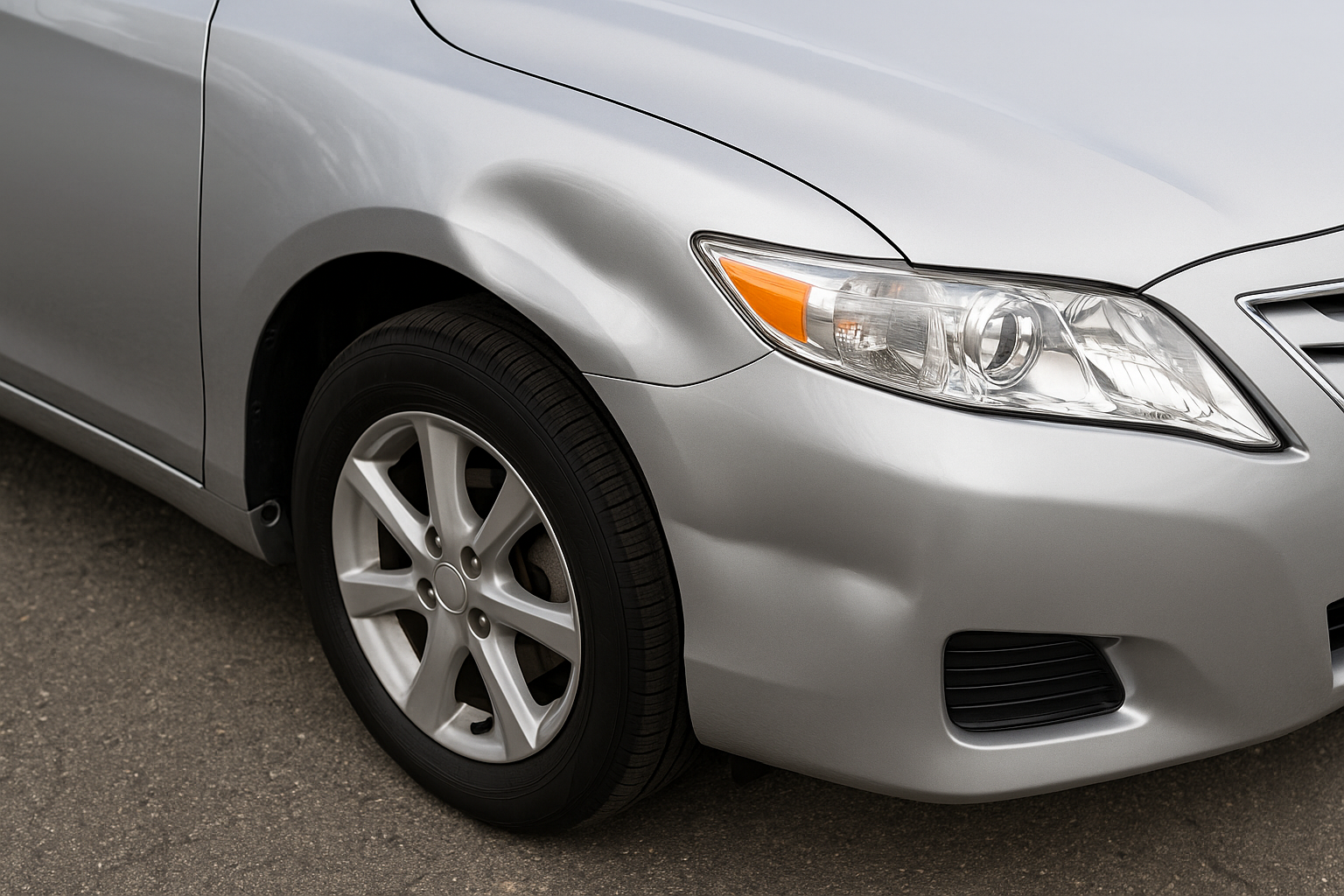 Technician using paintless dent repair tools on a car panel.