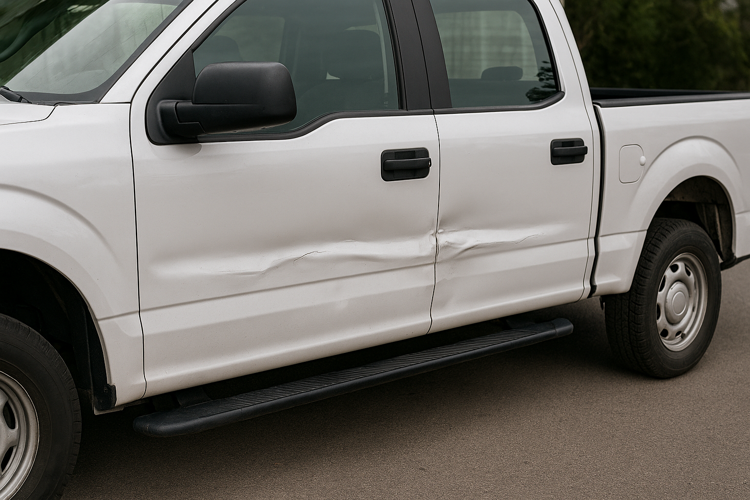 Long crease damage along the side panel of a vehicle.