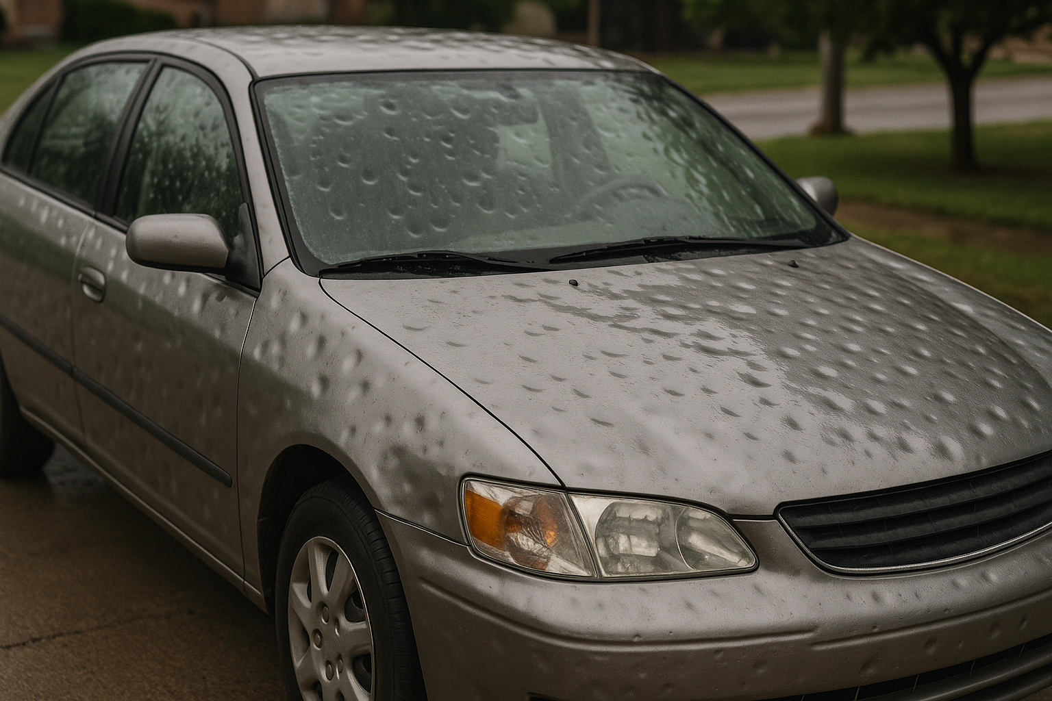 Heavy hail storm with large hailstones covering car and ground.