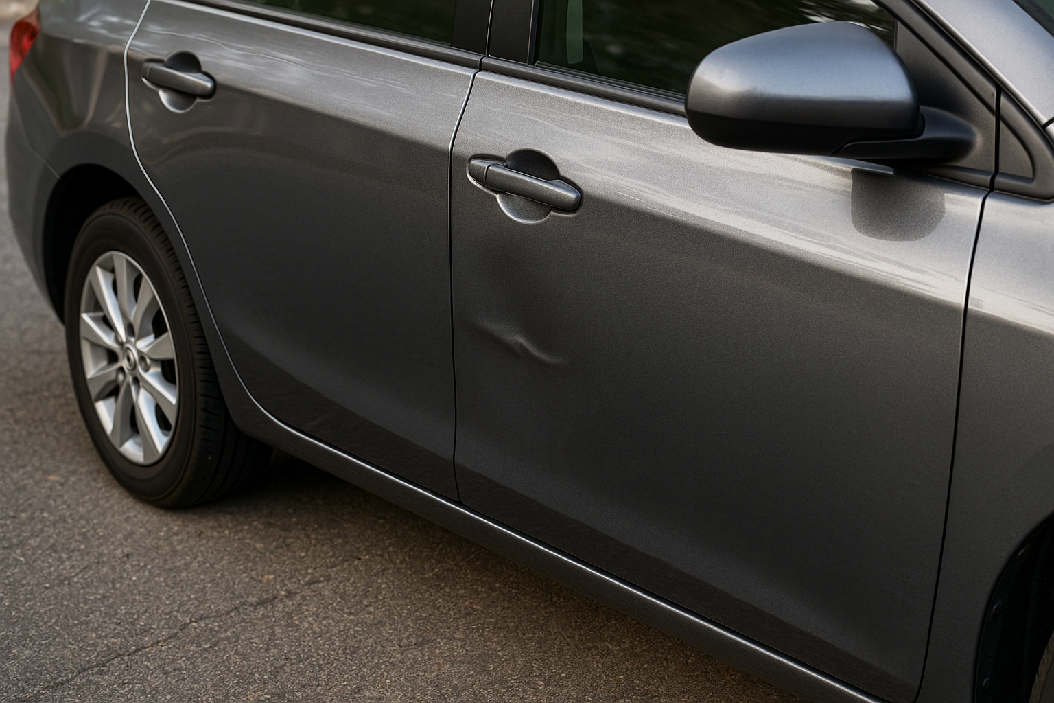 Close-up of a small dent on a car door panel.